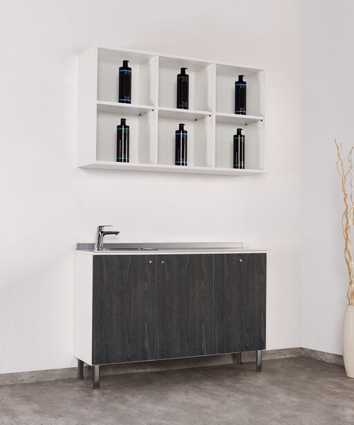 Hairdressing cabinets for washarea: Service Centre - In photo: WO/145 - WO/148 - Material: Black Ash 02 - Salon Ambience