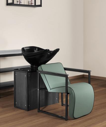 Wash unit for hairdresser: Soho - In photo Colour A: Sage Green N6 - Colour B: Pebble Black N1 - - Material C: Black Ash 02 - Salon Ambience